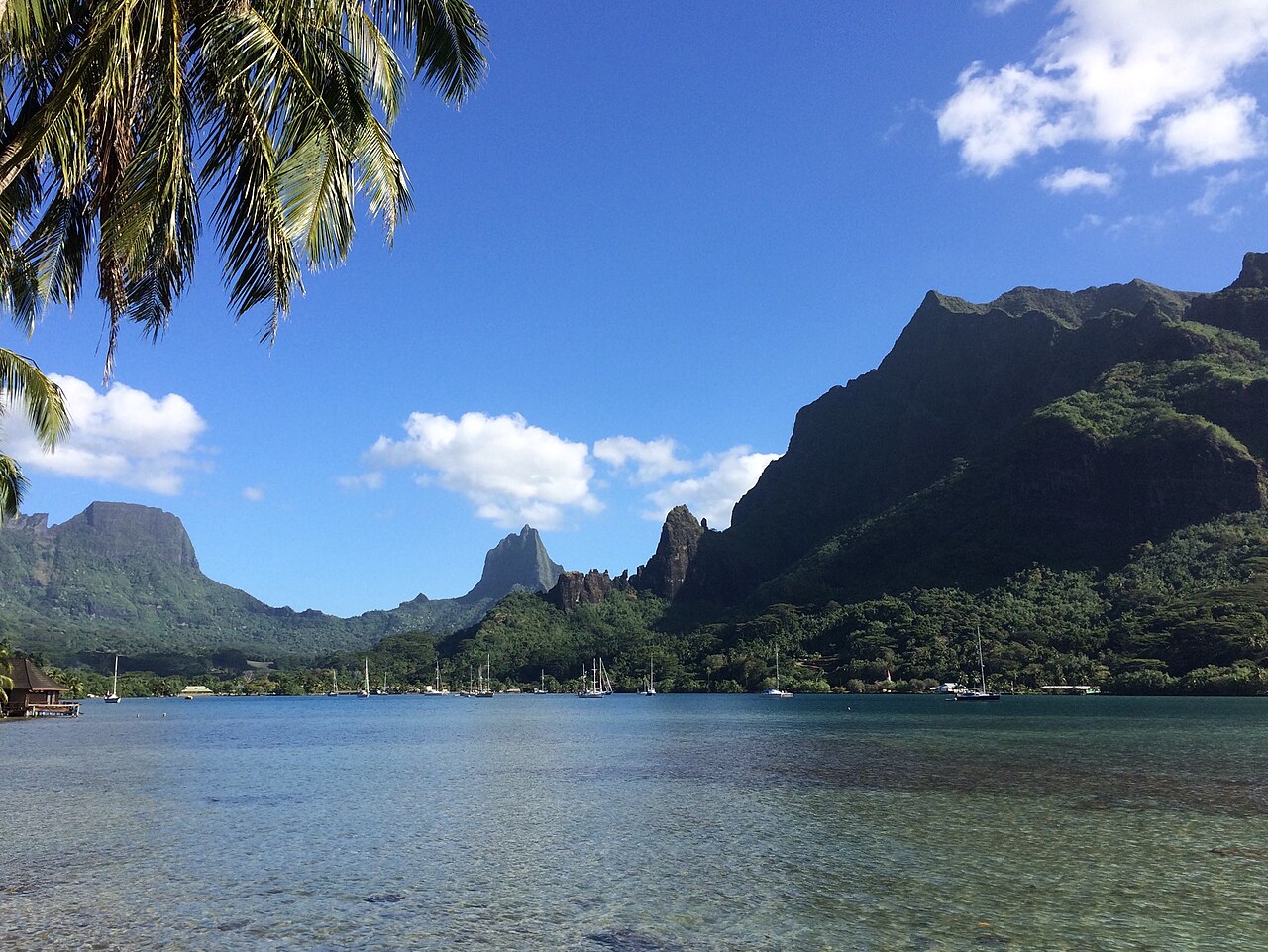 Baie de Cook à Moorea vue depuis la rive, avec voiliers au mouillage et reliefs volcaniques