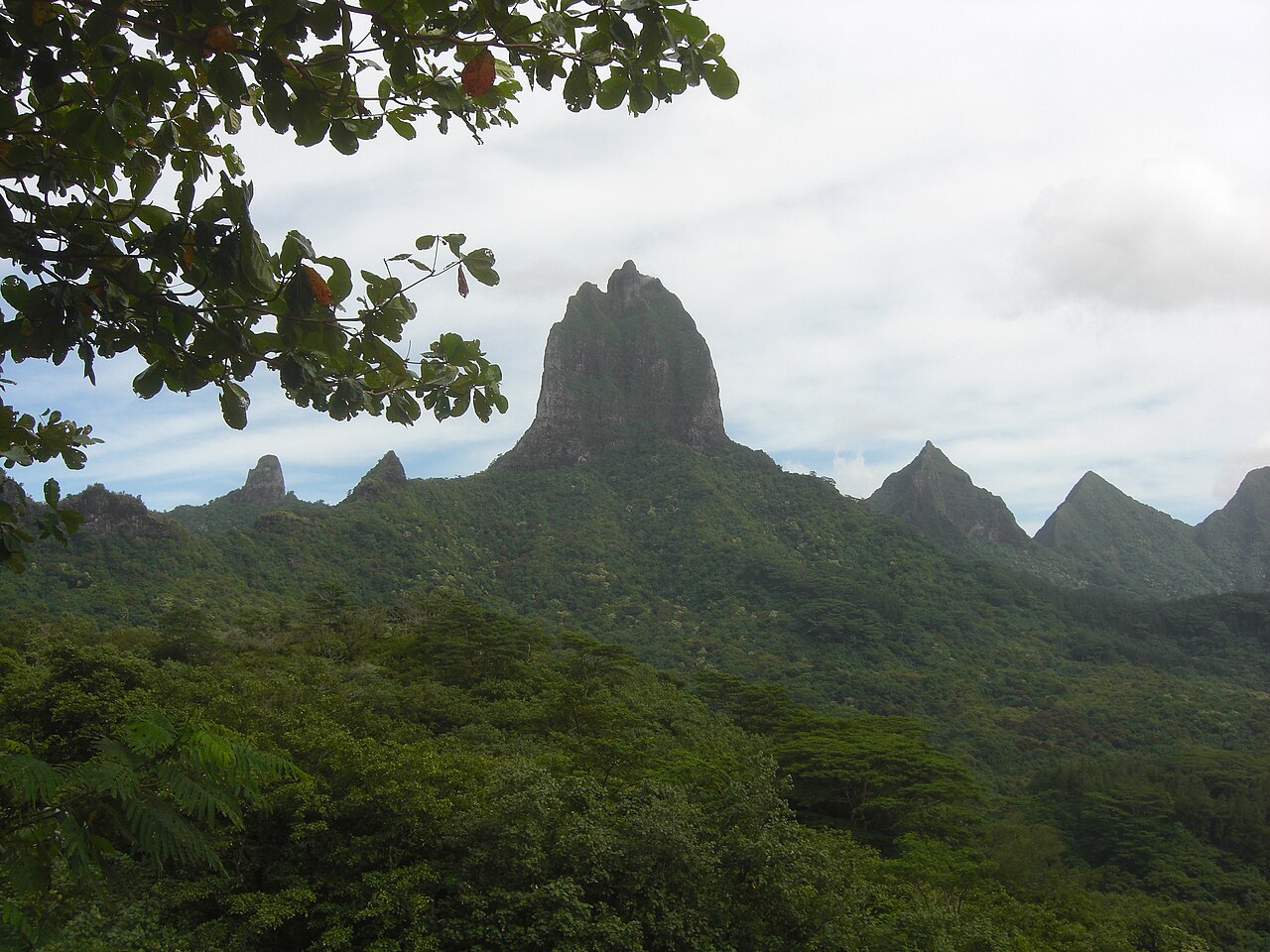 Pics rocheux de Moorea couverts de végétation, vus depuis le belvédère